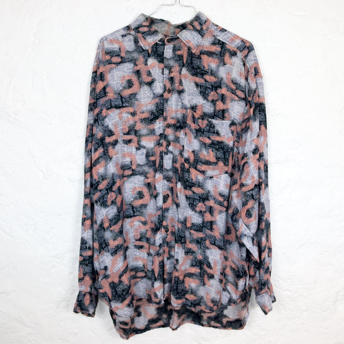 Vintage 80s 90s CASUAL WEAR shirt long sleeve crazy pattern viscose apricot black light blue L