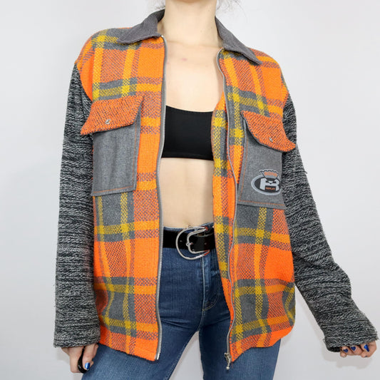 Vintage 80er 90er REPLAY Hemd langarm Reißverschluss Wolle kariert orange grau Cordkragen L/XL