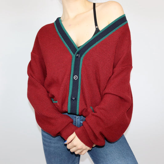 Vintage 80er 90er MALAGRIDA Cardigan Strickjacke Knopfleiste grün rot Wolle L