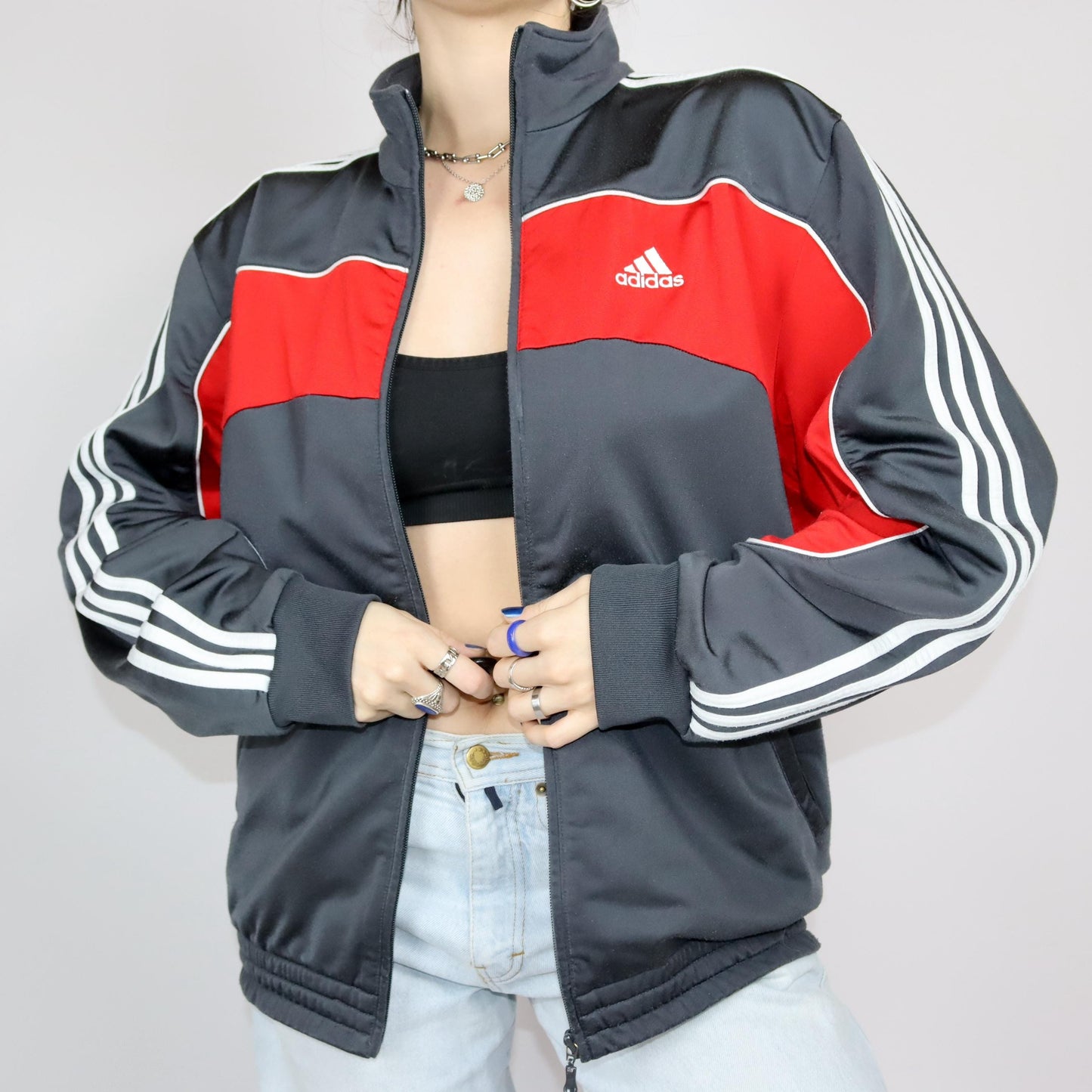 Vintage 80s 90s Y2k ADIDAS tracksuit jacket grey red white stand-up collar D6 M