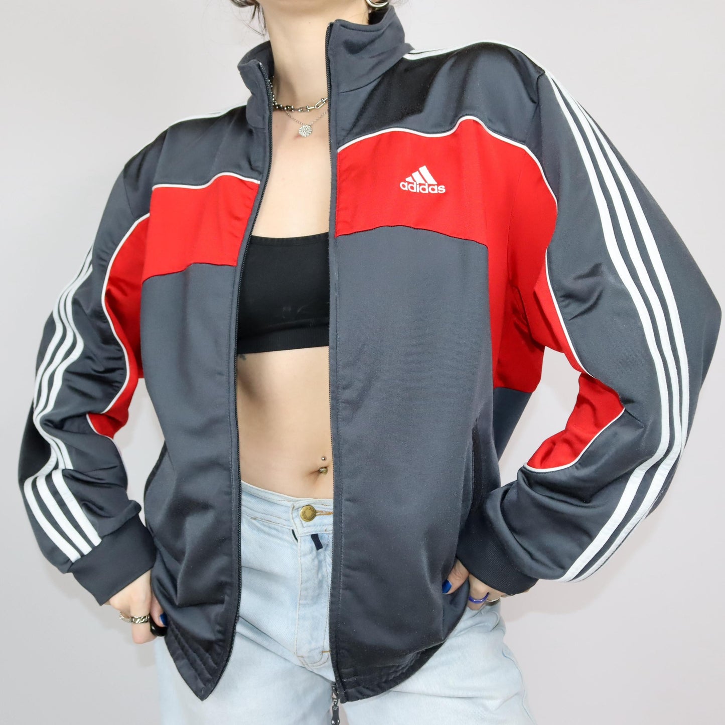 Vintage 80s 90s Y2k ADIDAS tracksuit jacket grey red white stand-up collar D6 M