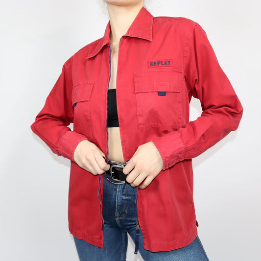 Vintage 80er 90er REPLAY Hemd langarm rot Reißverschluss M