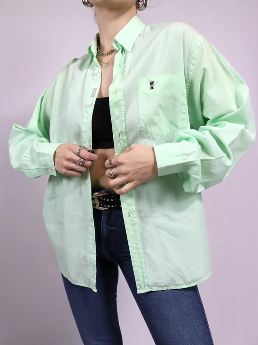 Vintage 80er 90er VALENTINO OLIVER Hemd langarm minigrün Stickerei M