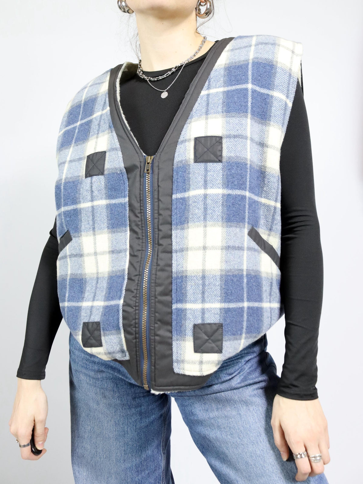 Vintage 80s 90s ASTROLABIO vest lined wool vest checked blue XL