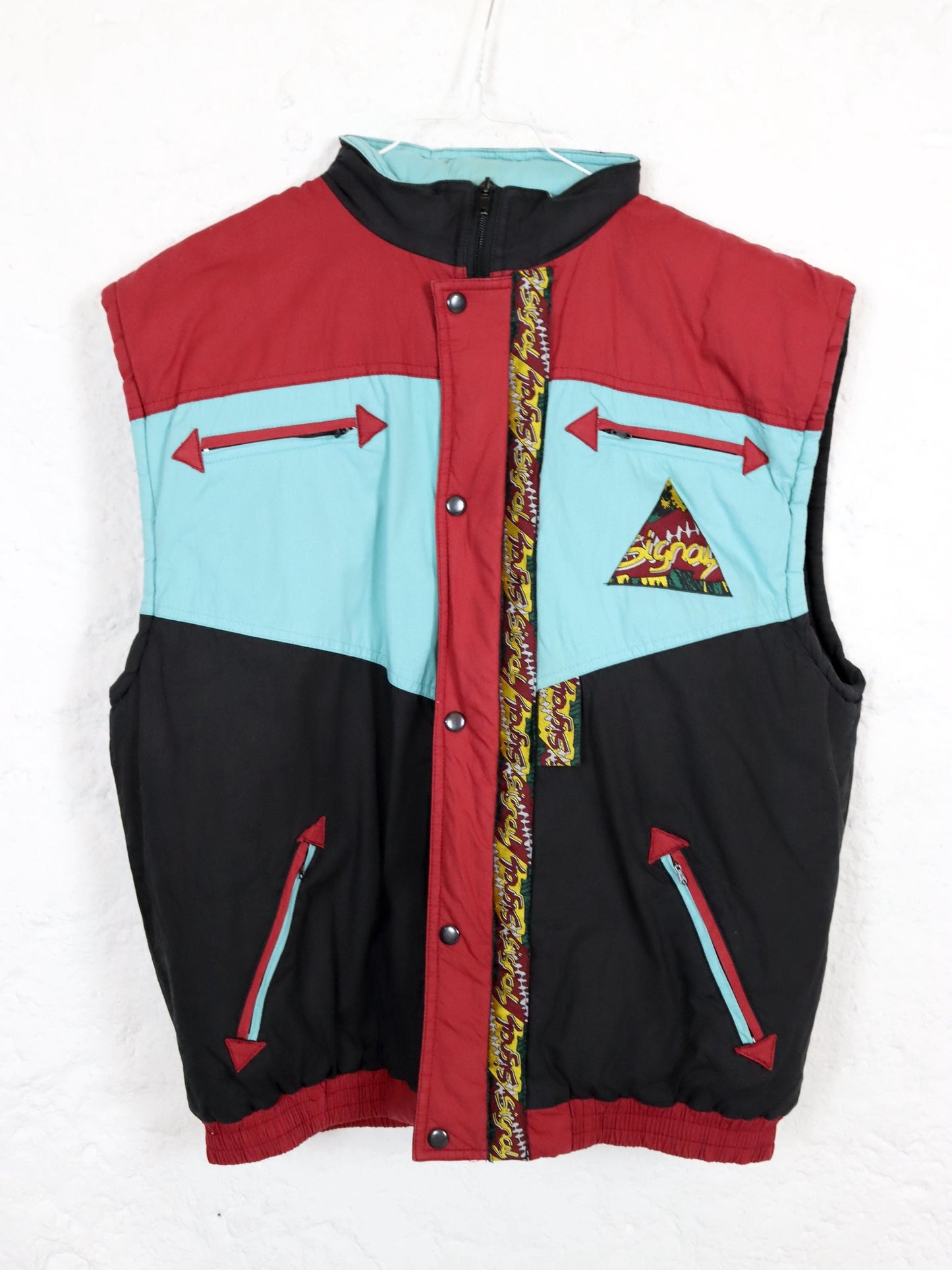Vintage 80s 90s LETS GO vest lined black red patterned 185 S/M