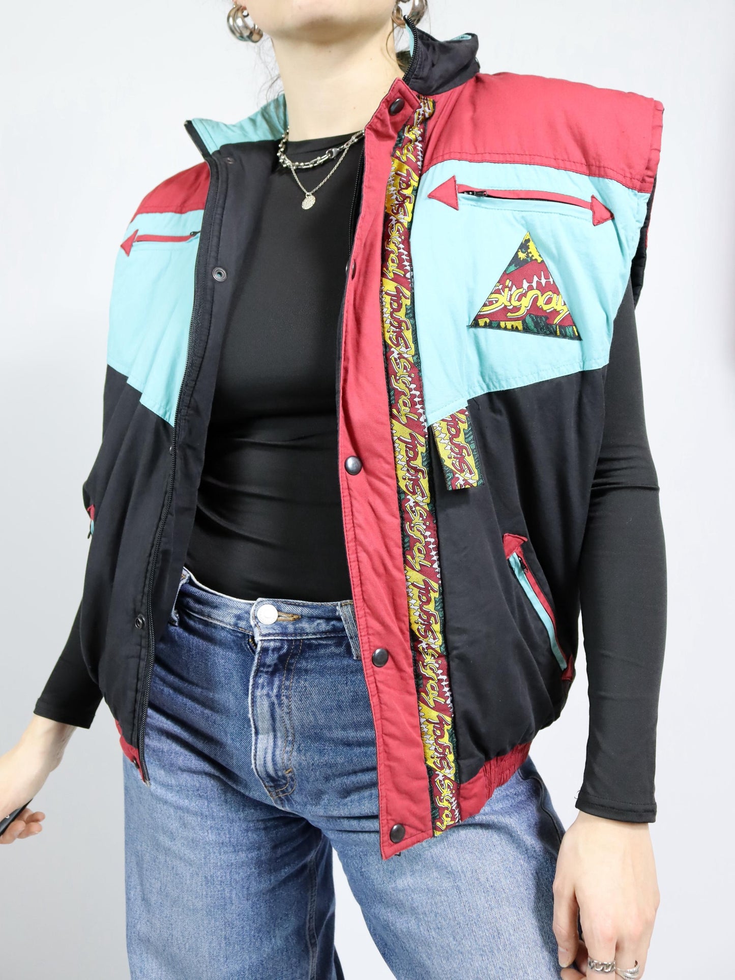Vintage 80s 90s LETS GO vest lined black red patterned 185 S/M