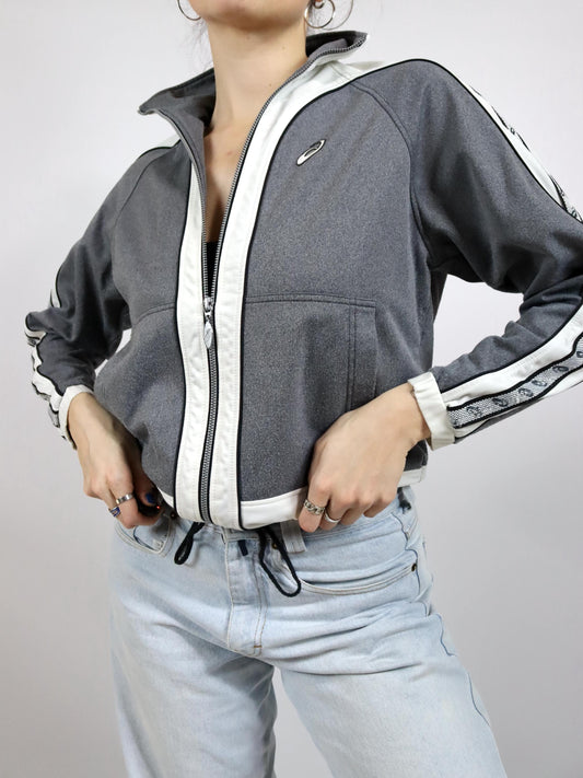 Vintage 80er 90er ASICS Trainingsjacke Jacke Stehkragen grau weiß XS