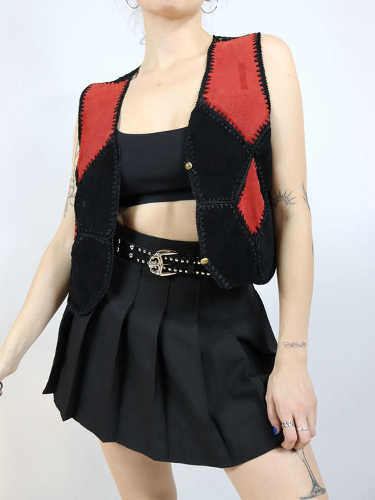 Vintage 80er 90er Wildlederweste Weste gehäkelt schwarz rot S/M