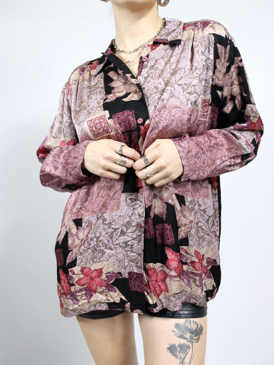 Vintage 80er 90er Bluse langarm crazy pattern glänzend 40