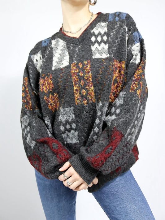 Vintage 80er 90er PINO ERRE Strickpullover V-Ausschnitt Wolle Pullover 56 XXL