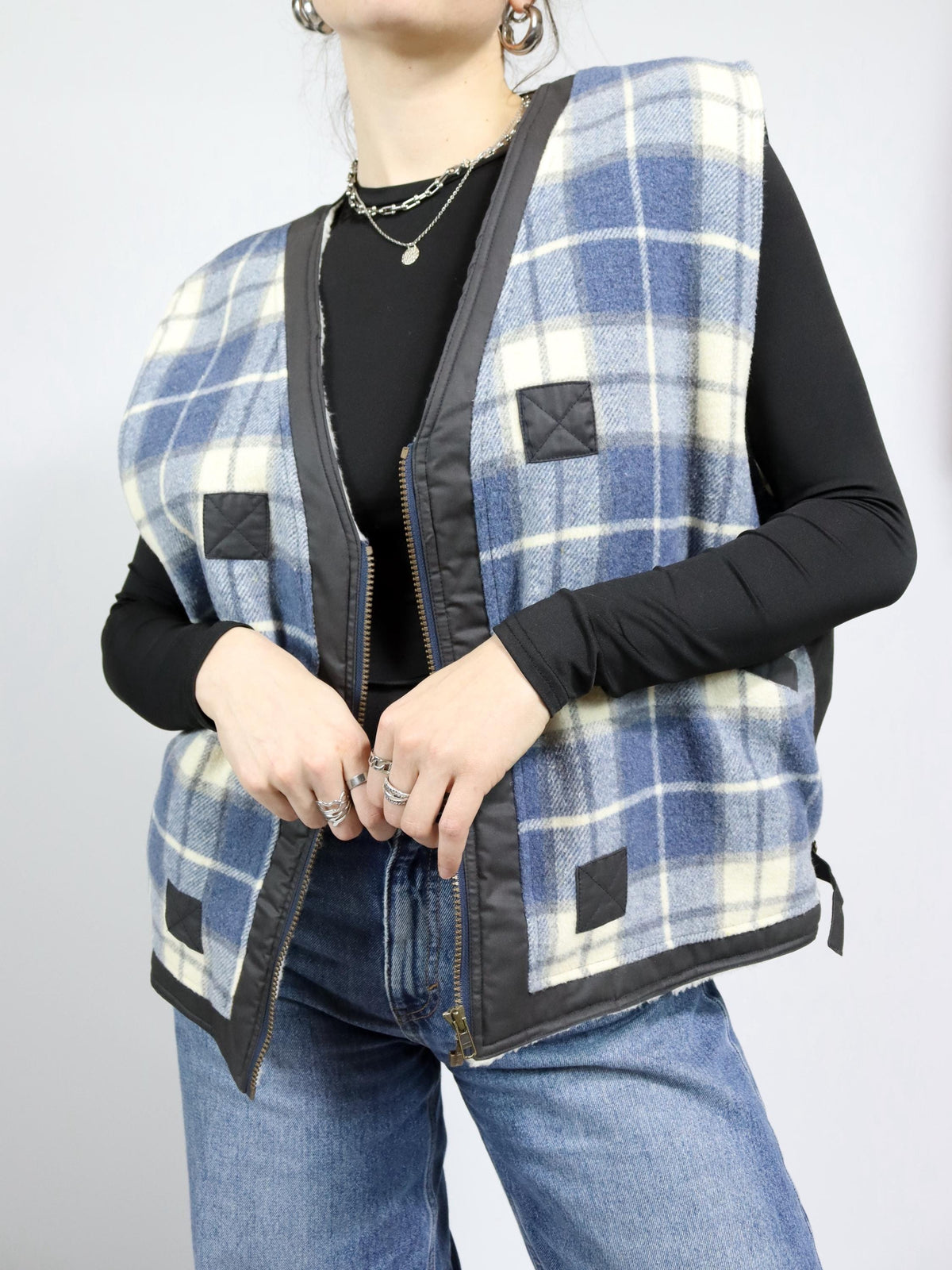 Vintage 80s 90s ASTROLABIO vest lined wool vest checked blue XL