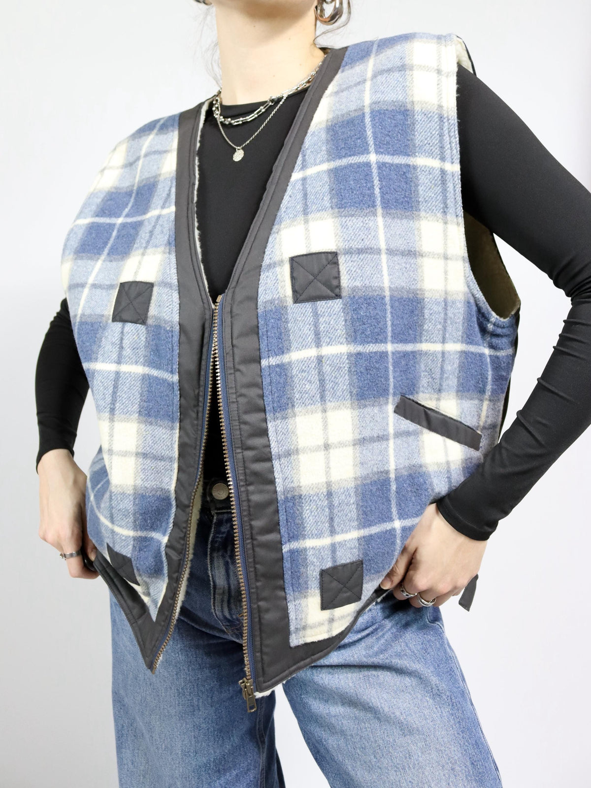 Vintage 80s 90s ASTROLABIO vest lined wool vest checked blue XL