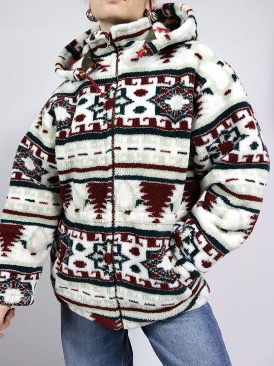 Vintage 80er 90er BRUGI Mantel Teddyfleece Navajo Kapuze 40