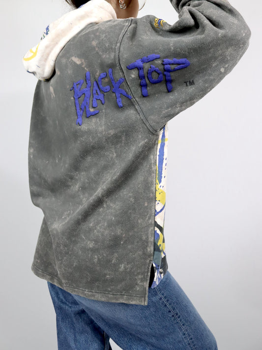 Vintage 80er 90er REEBOK BLACKTOP Hoodie Pullover crazy pattern Batik blau gelb grau M