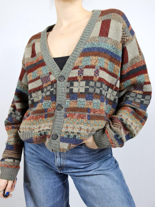 Vintage 80er 90er IL GRANCHIO Cardigan Strickjacke gemustert Mohair Wolle Alpaca XL