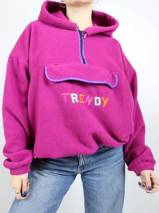 Vintage 80er 90er TRENDY Fleecepullover Hoodie pink Stickerei XL