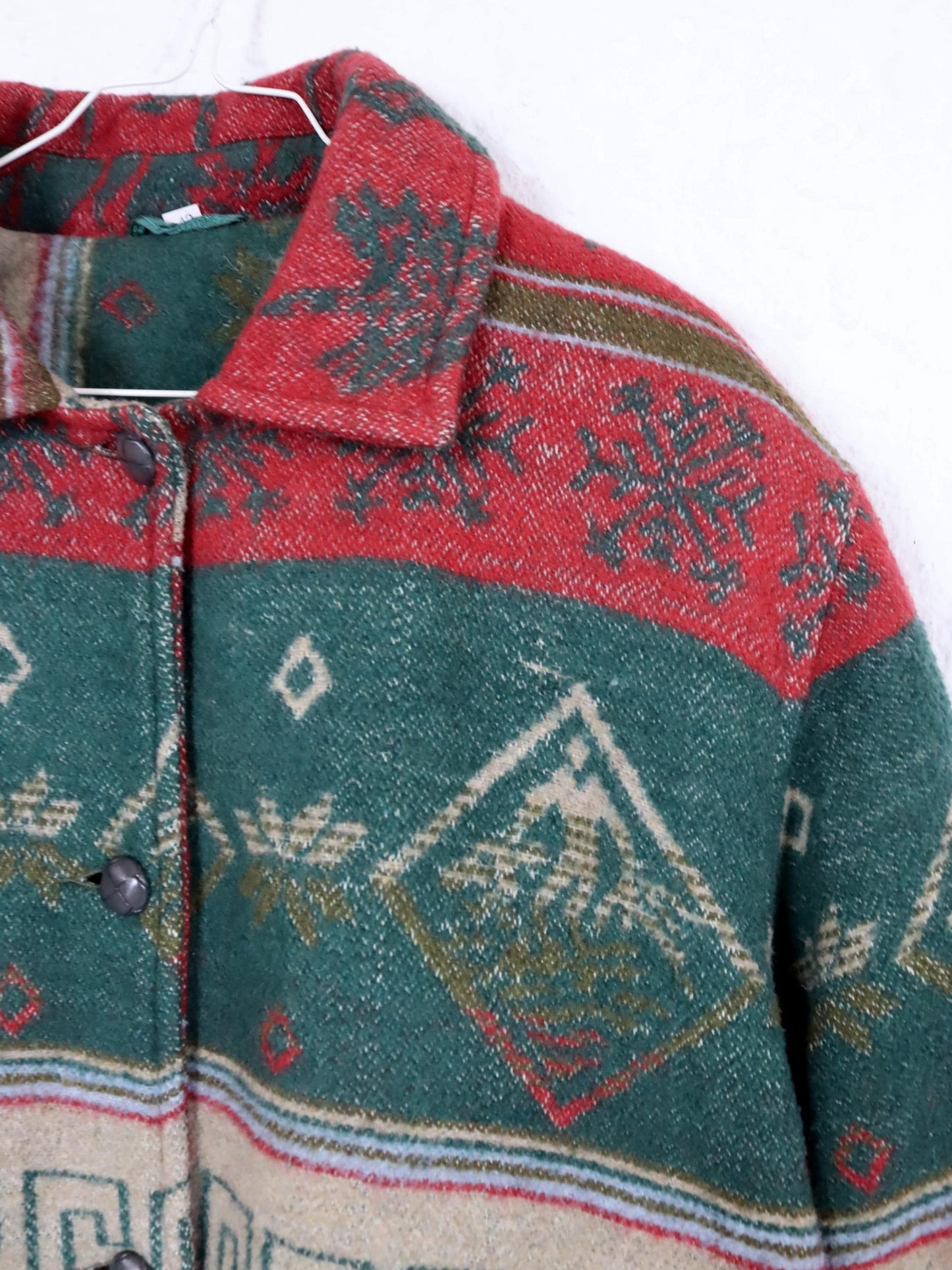 Vintage 80s 90s wool coat Navajo green red shoulder pads 42