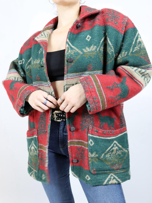 Vintage 80er 90er Wollmantel Mantel Navajo grün rot Schulterpolster 42