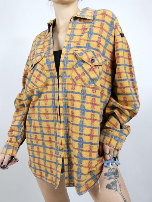Vintage 80er 90er REPLAY Hemd langarm kariert gelb Reißverschluss XL
