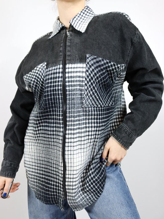 Vintage 80er 90er GOLD SHIRT Flanellhemd Cord langarm schwarz weiß Reißverschluss XL