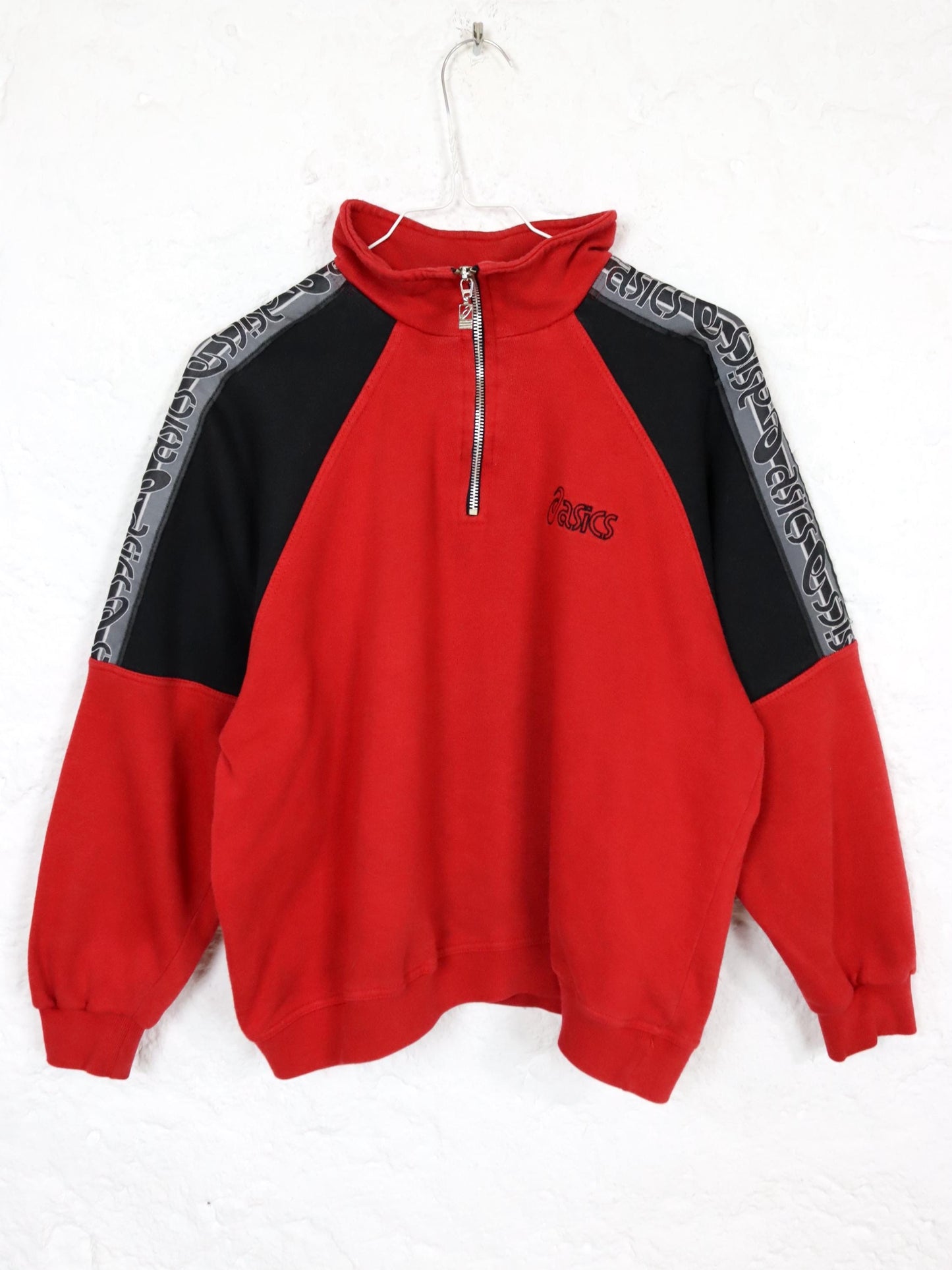 Vintage 80er 90er ASICS Sweatshirt Pullover Stehkragen rot schwarz 152 XS