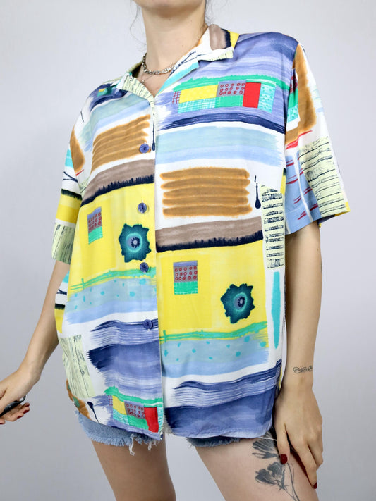 Vintage 80er 90er Bluse kurzarm crazy pattern bunt Schulterpolster 46 XL