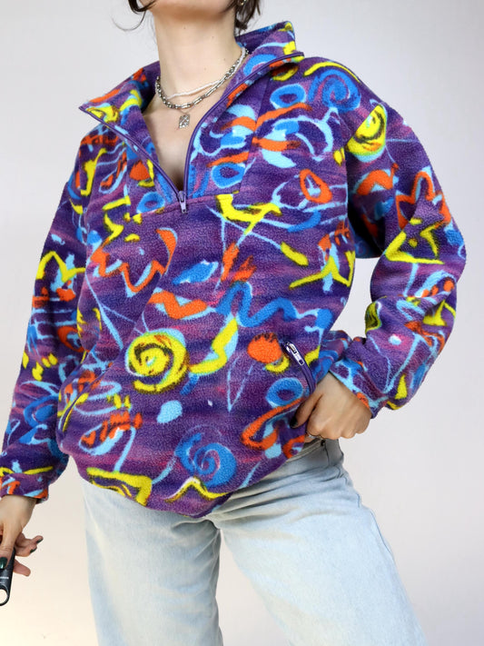 Vintage 80er 90er SPORTSWEAR Pullover Fleecepullover bunt crazy pattern Stehlragen L