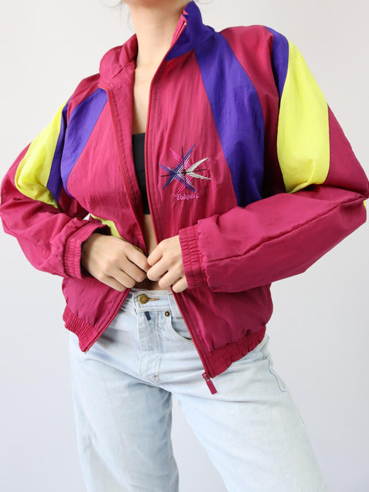 Vintage 80er 90er VALSPORT Trainingsjacke Jacke Stehkragen rot gelb lila S
