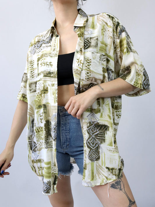Vintage 80er 90er IVJ Hemd kurzarm crazy pattern grün weiß XL