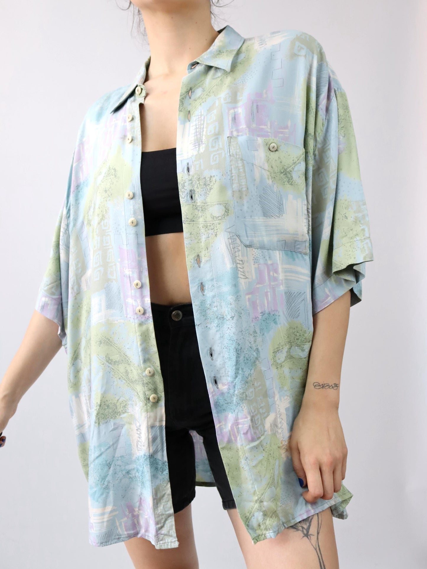 Vintage 80s 90s JUPITER shirt short sleeve crazy pattern blue XXL