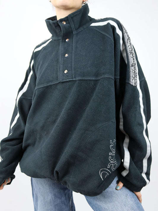 Vintage 80er 90er ASICS Fleecepullover Stehkragen schwarz grau XXL
