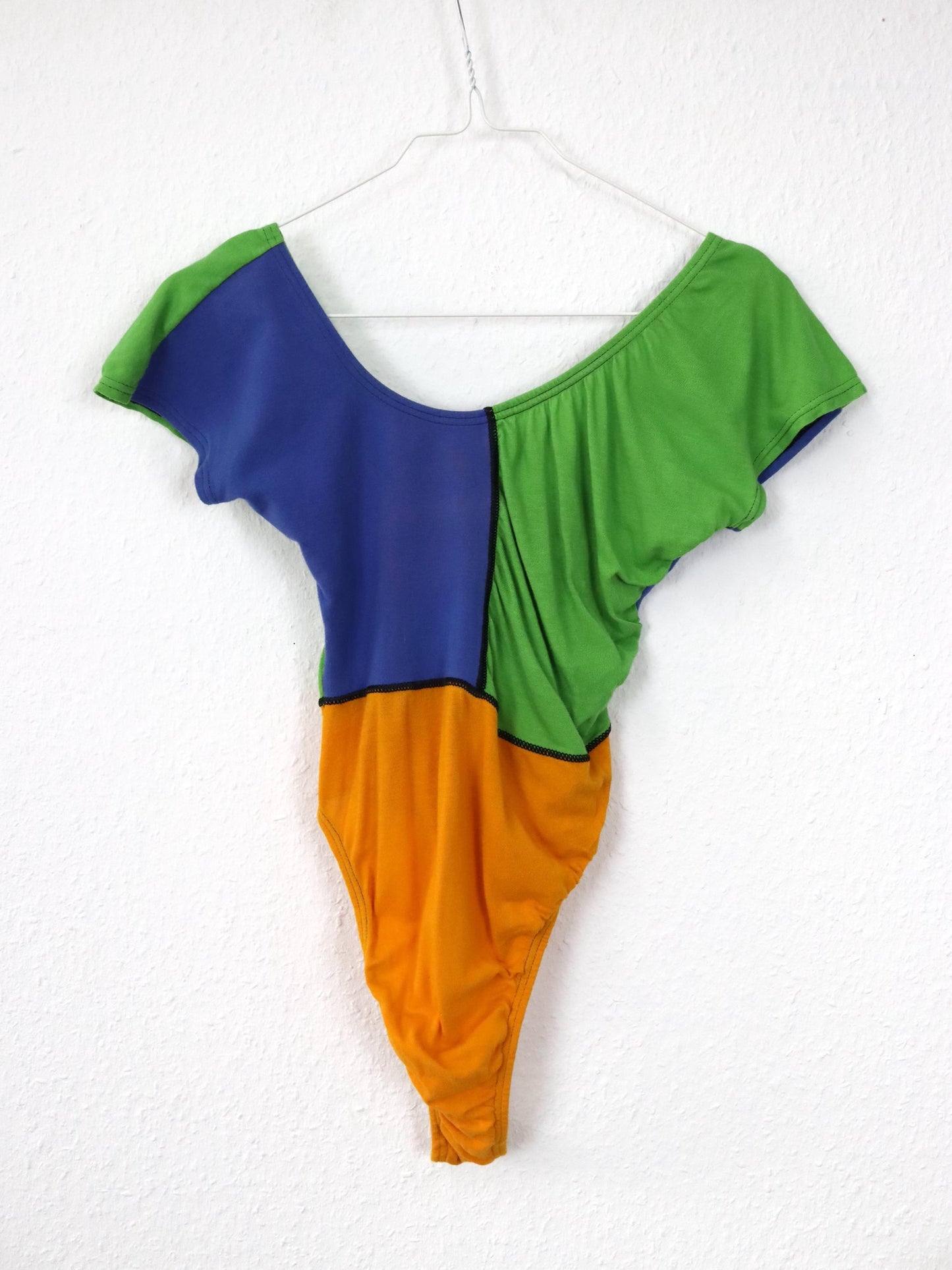 Vintage 80s 90s CAT bodysuit one-piece top orange blue green short sleeve S/M