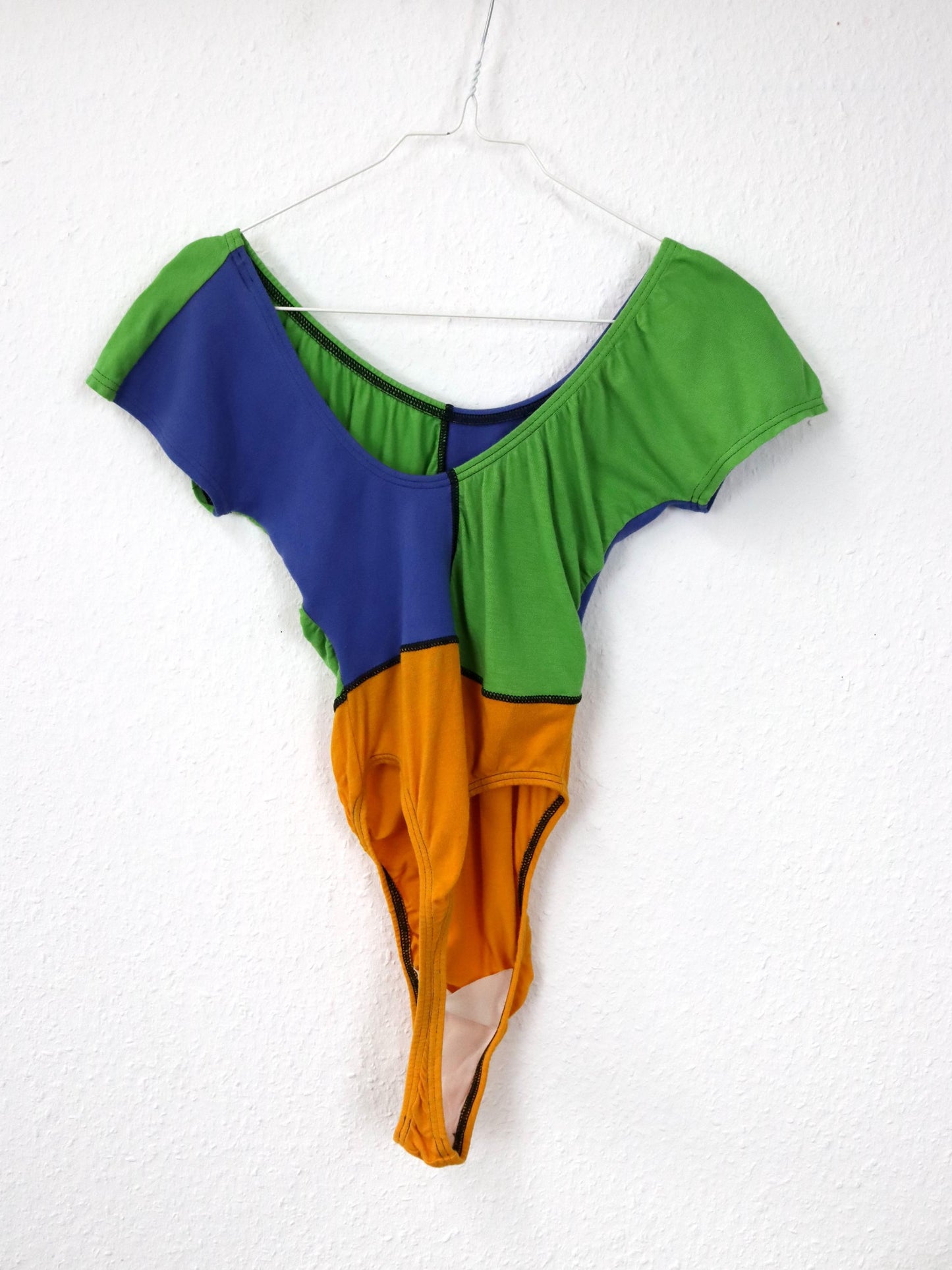 Vintage 80s 90s CAT bodysuit one-piece top orange blue green short sleeve S/M