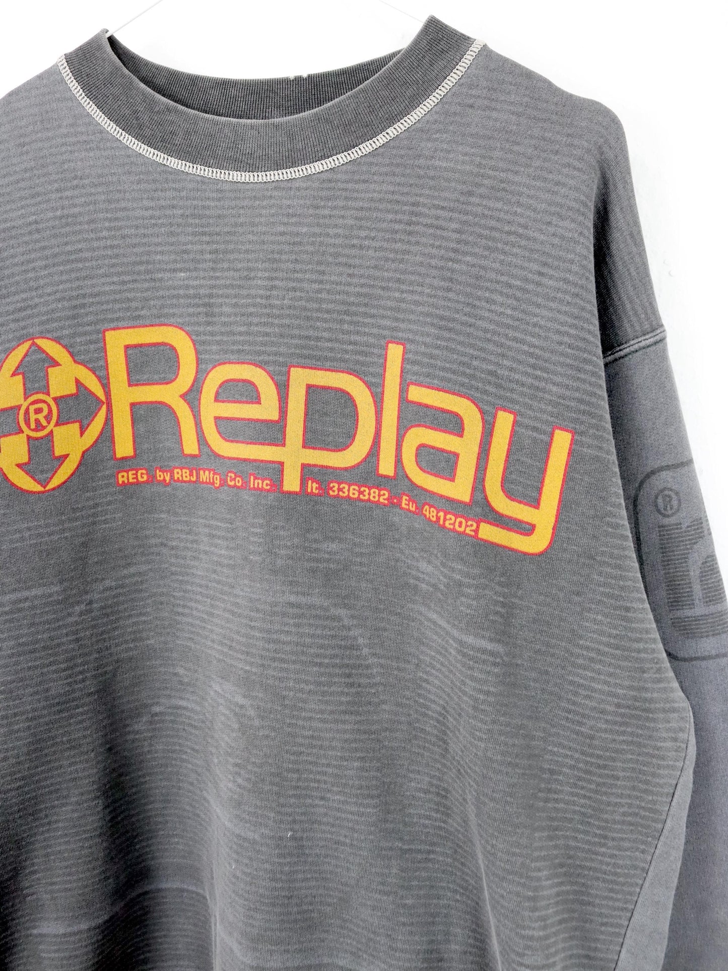 Vintage 80er 90er REPLAY Sweatshirt Pullover dunkelgrau gelb M