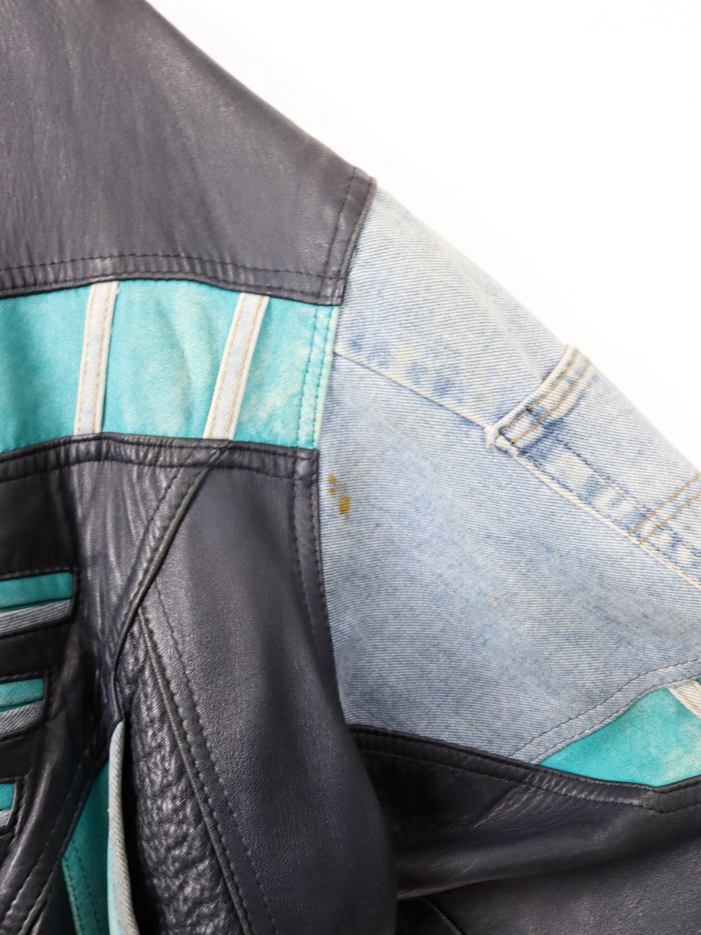 Vintage 80s 90s RARE leather jacket denim details bomber jacket black turquoise light blue M 48