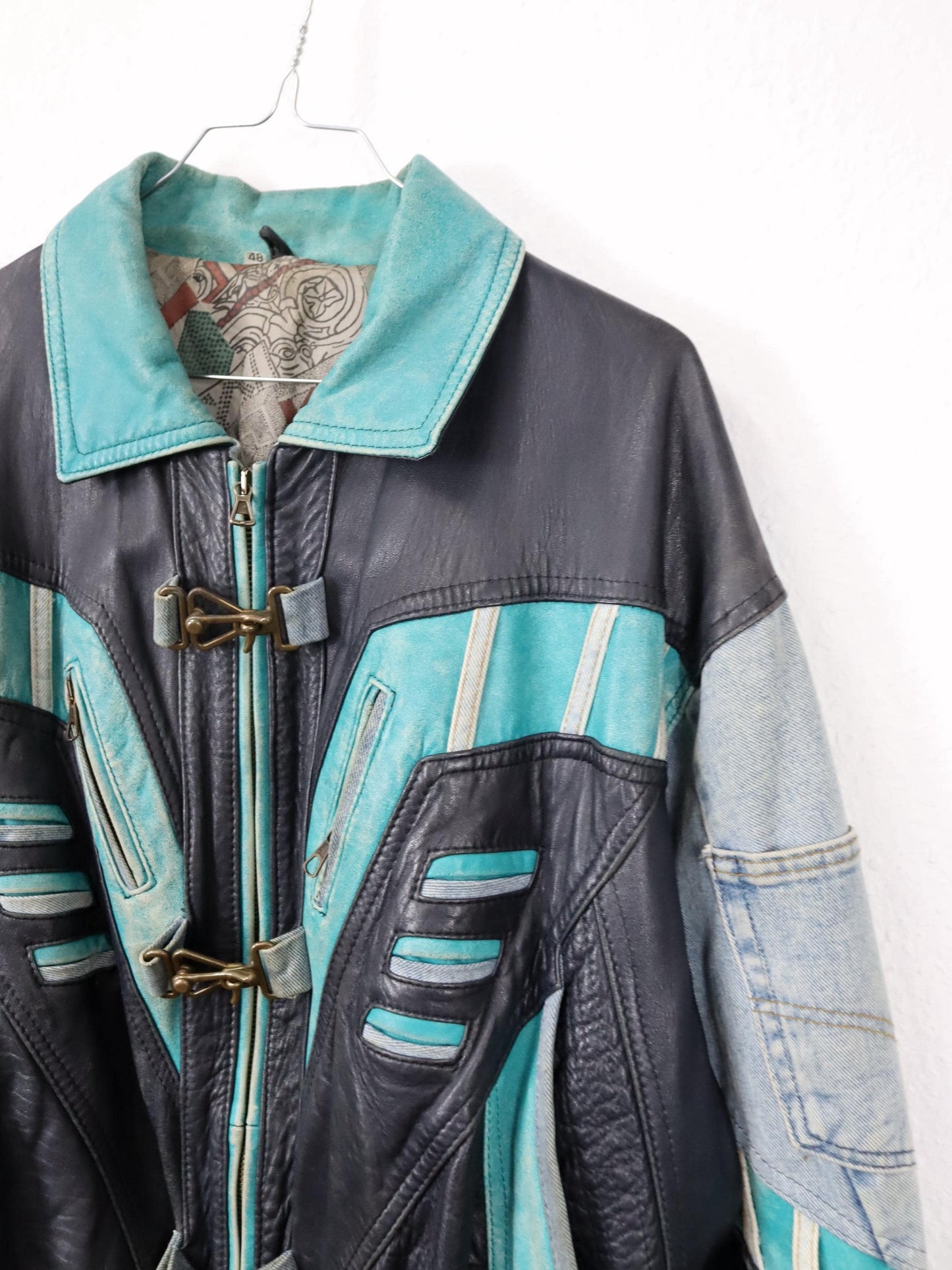 Vintage 80s 90s RARE leather jacket denim details bomber jacket black turquoise light blue M 48
