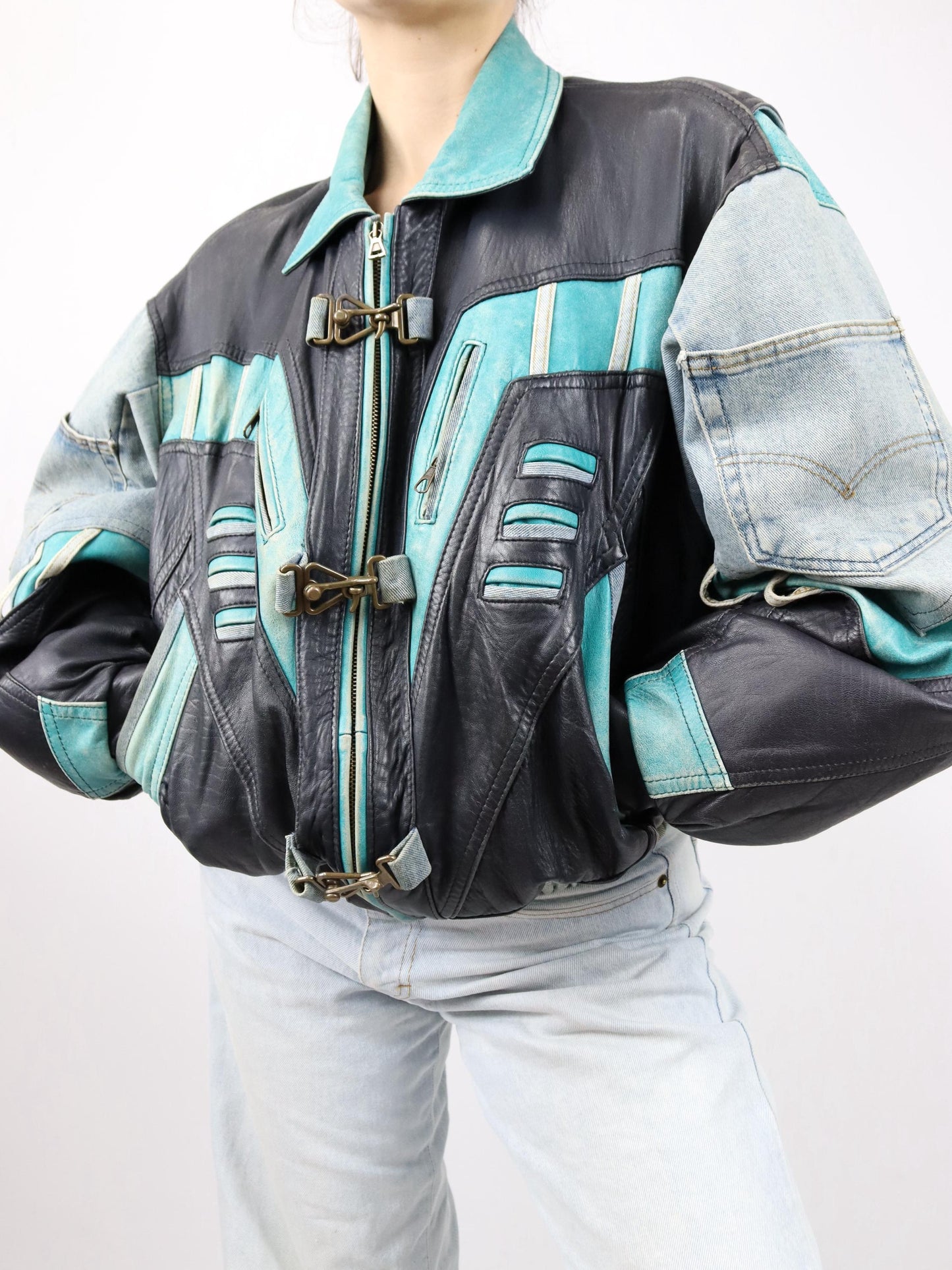 Vintage 80s 90s RARE leather jacket denim details bomber jacket black turquoise light blue M 48