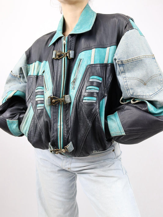Vintage 80er 90er RARE Lederjacke Jeansdetails Bomberjacke schwarz türkis hellblau M 48