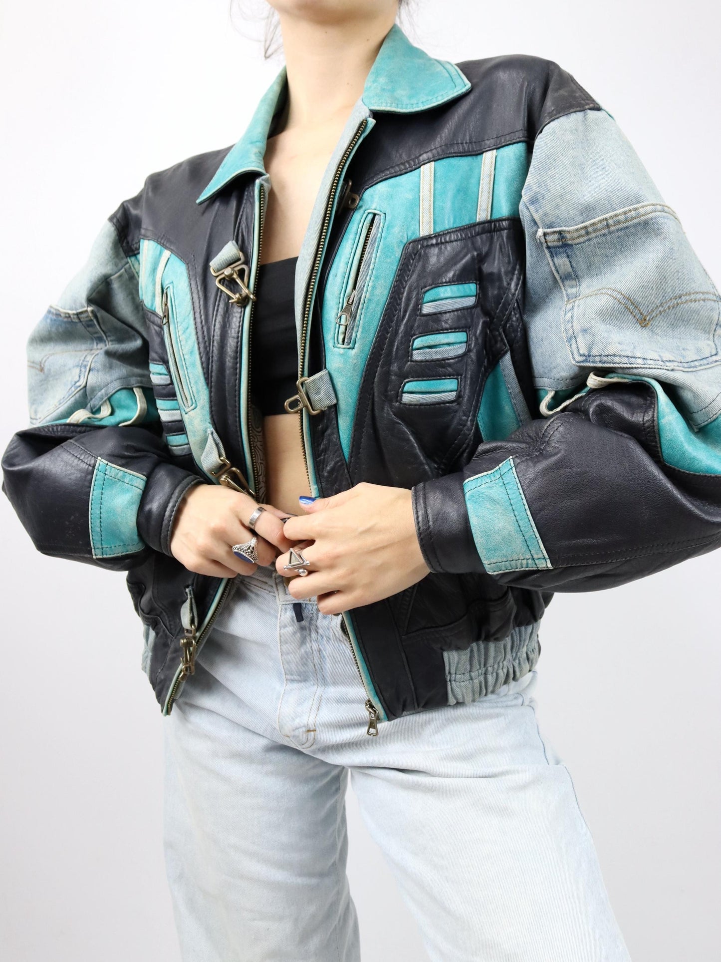 Vintage 80s 90s RARE leather jacket denim details bomber jacket black turquoise light blue M 48