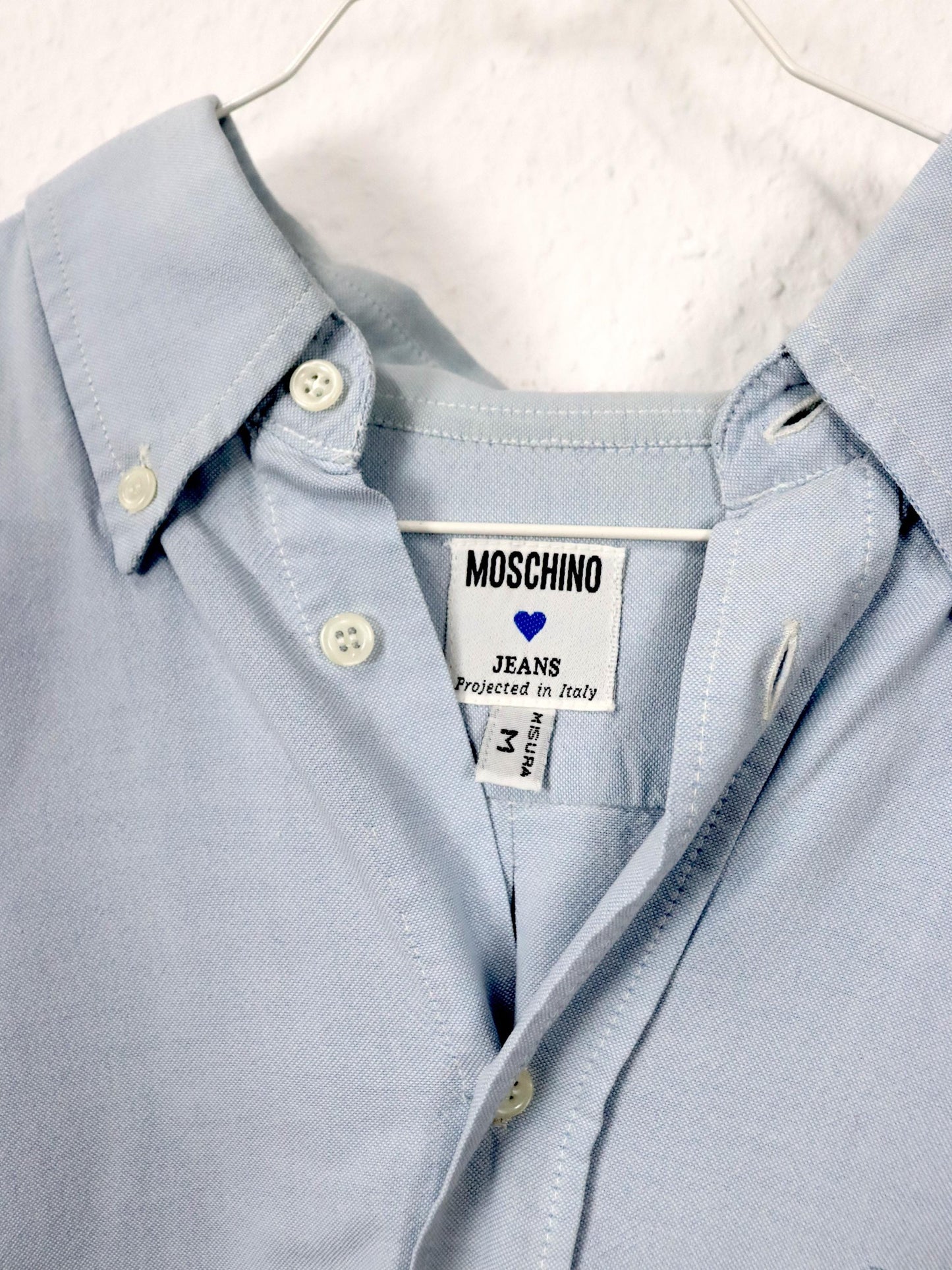 Vintage 80s 90s MOSCHINO designer shirt blouse light blue embroidery M
