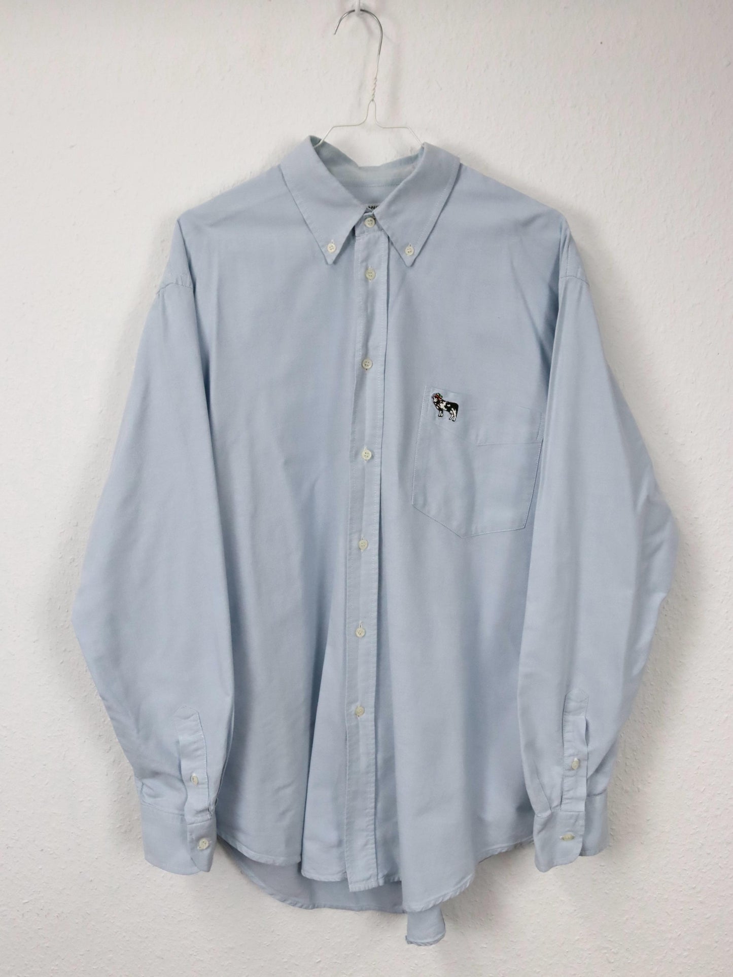 Vintage 80s 90s MOSCHINO designer shirt blouse light blue embroidery M