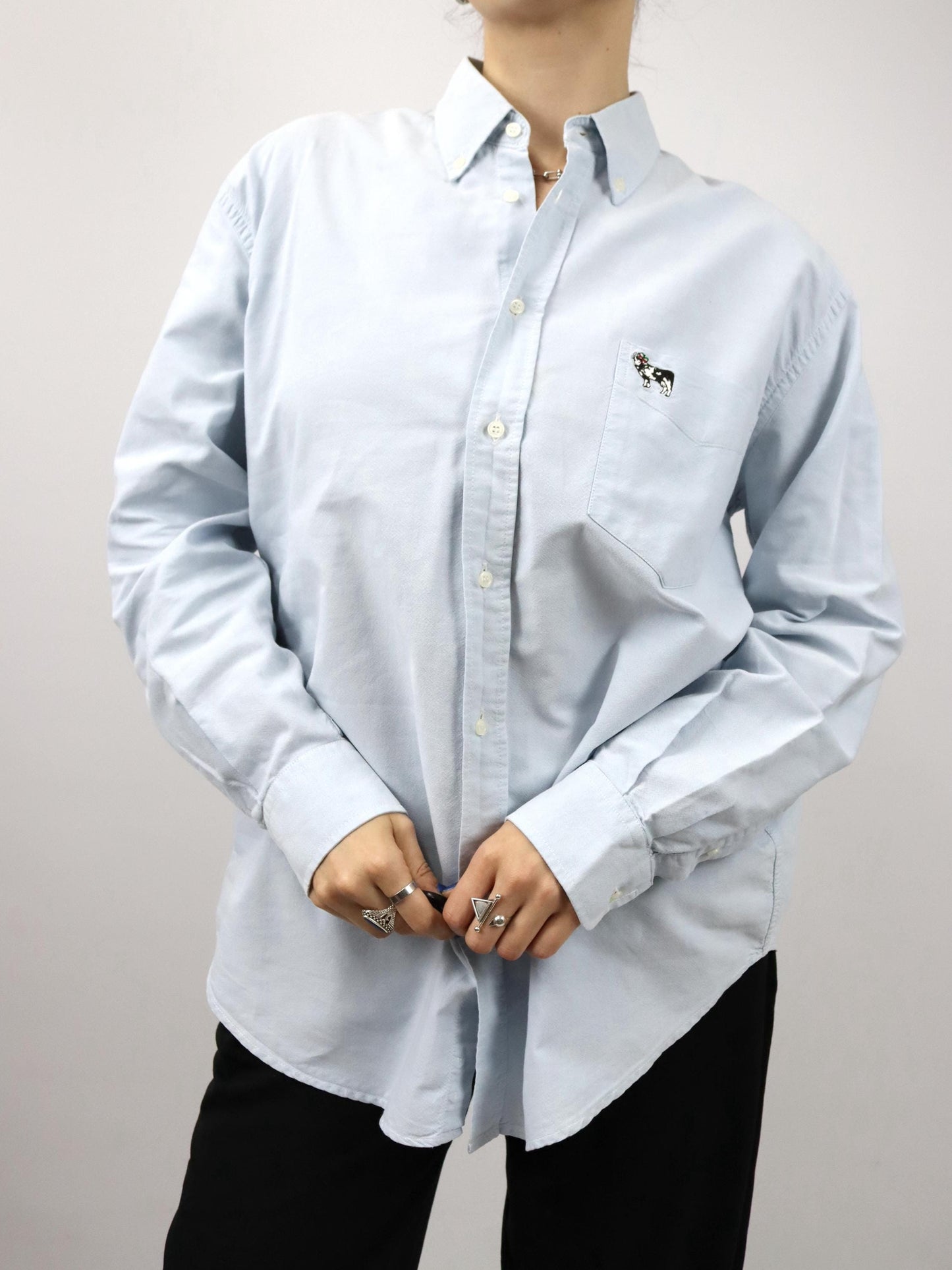 Vintage 80s 90s MOSCHINO designer shirt blouse light blue embroidery M
