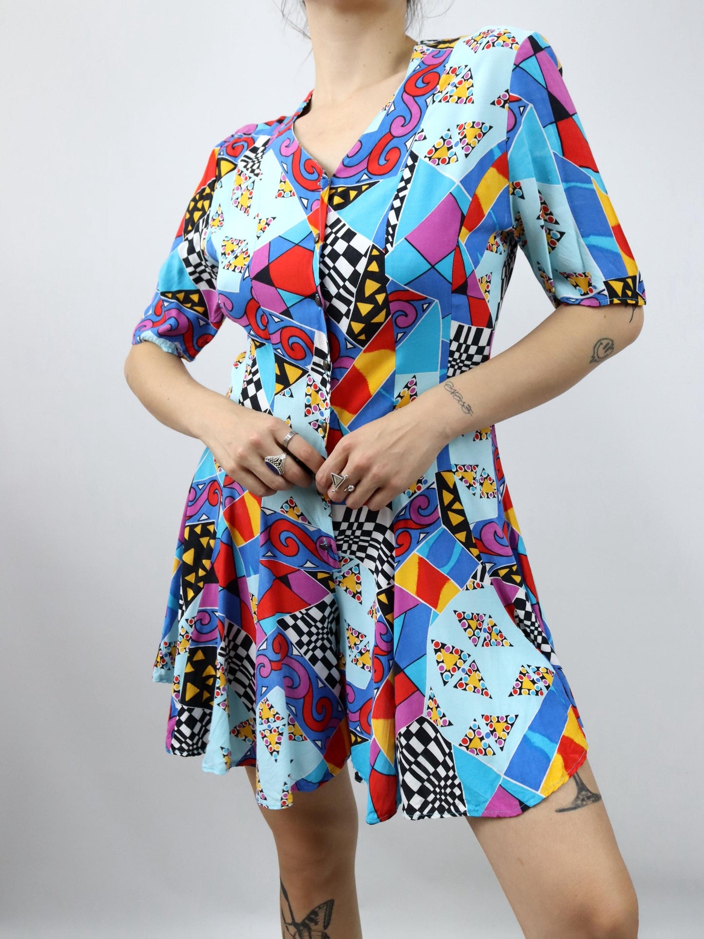 Vintage 80s 90s jumpsuit one-piece short sleeve crazy pattern colorful 40