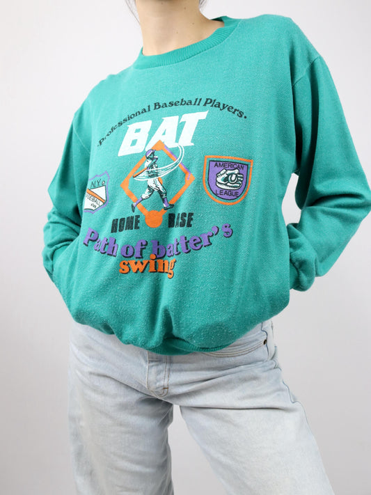Vintage 80er 90er BAT Sweatshirt Pullover Print Baseball türkis bunt S