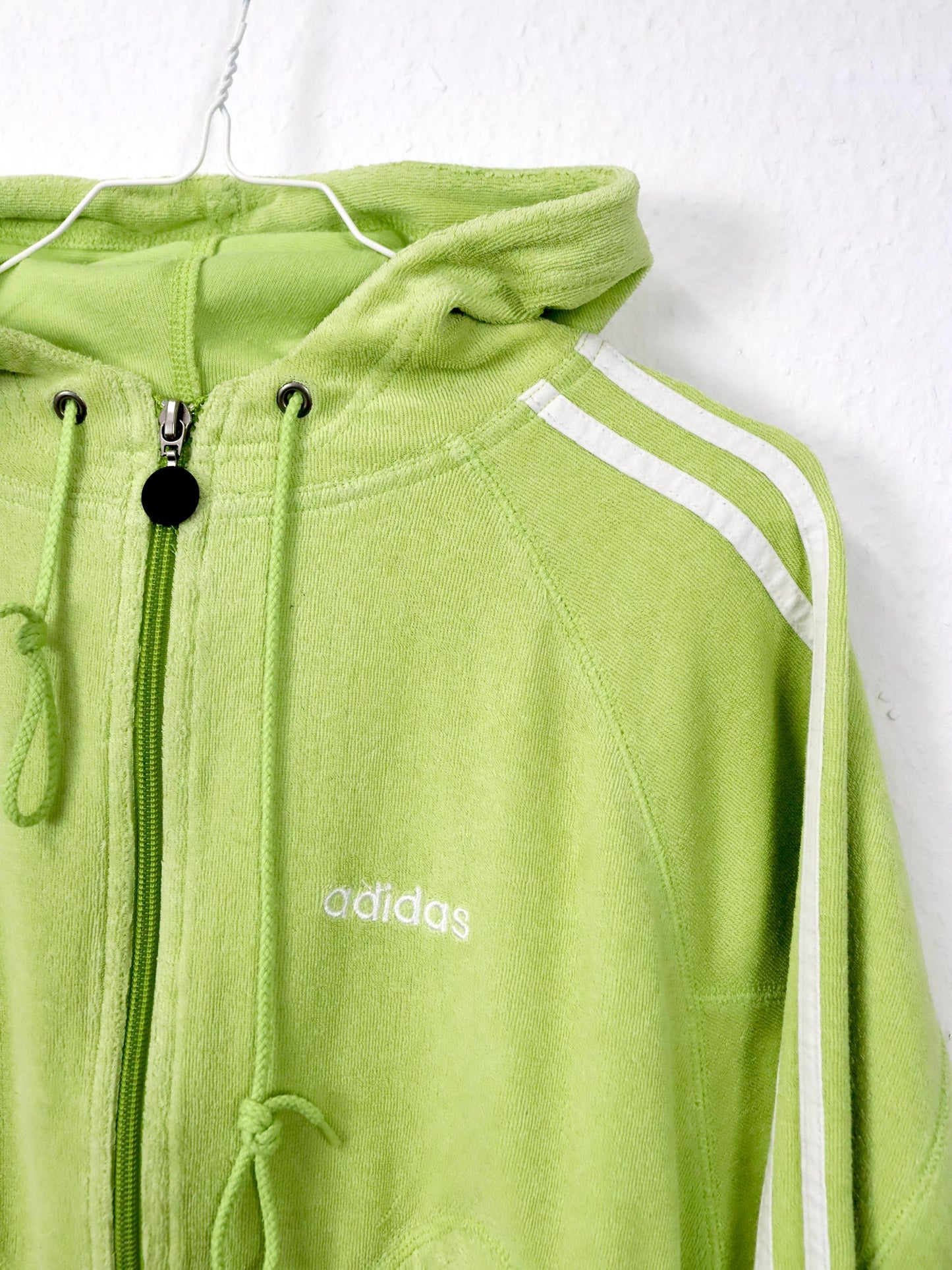 Vintage 80s 90s ADIDAS jacket crop light green terry cloth hood 38