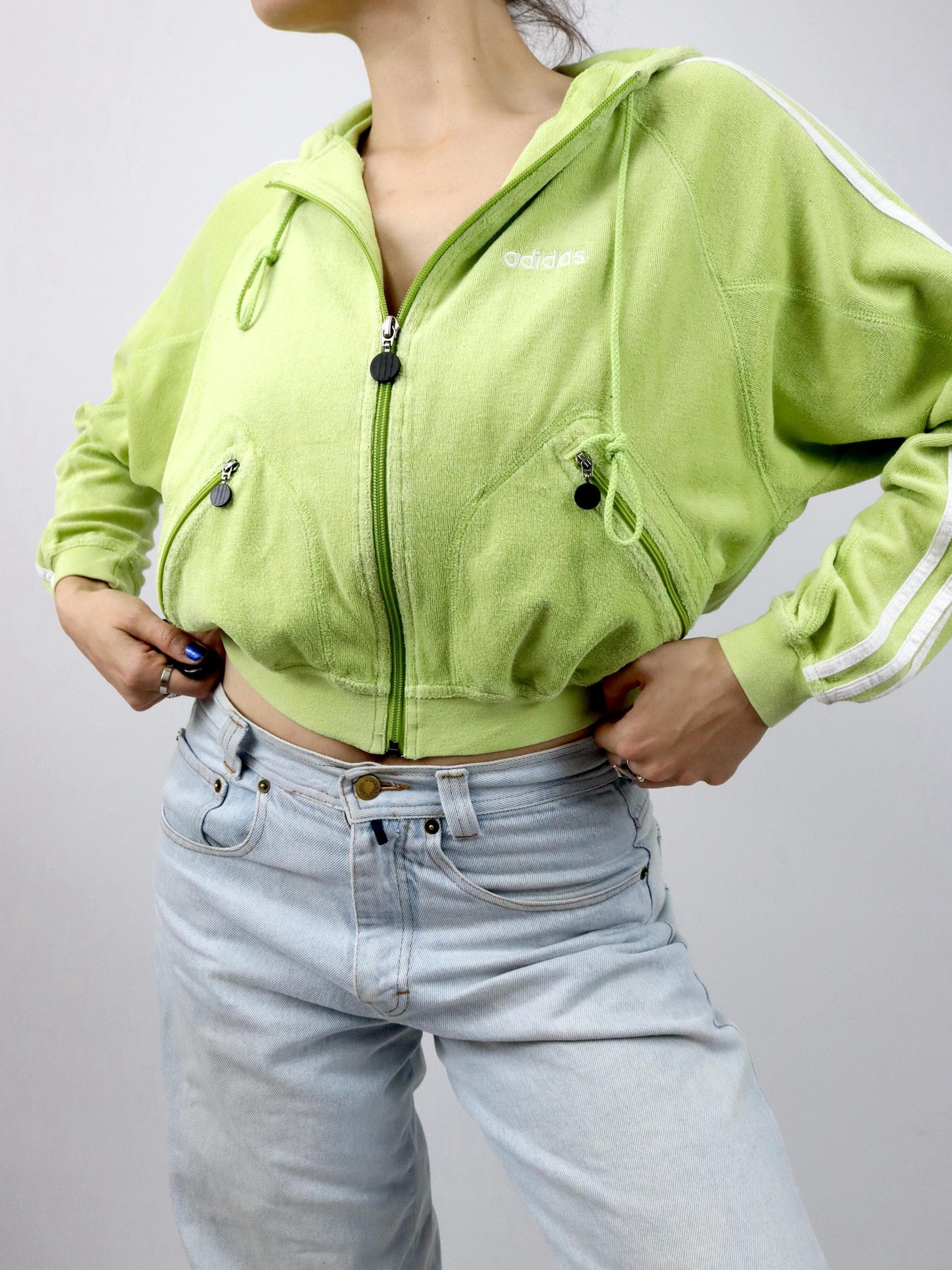 Vintage 80s 90s ADIDAS jacket crop light green terry cloth hood 38