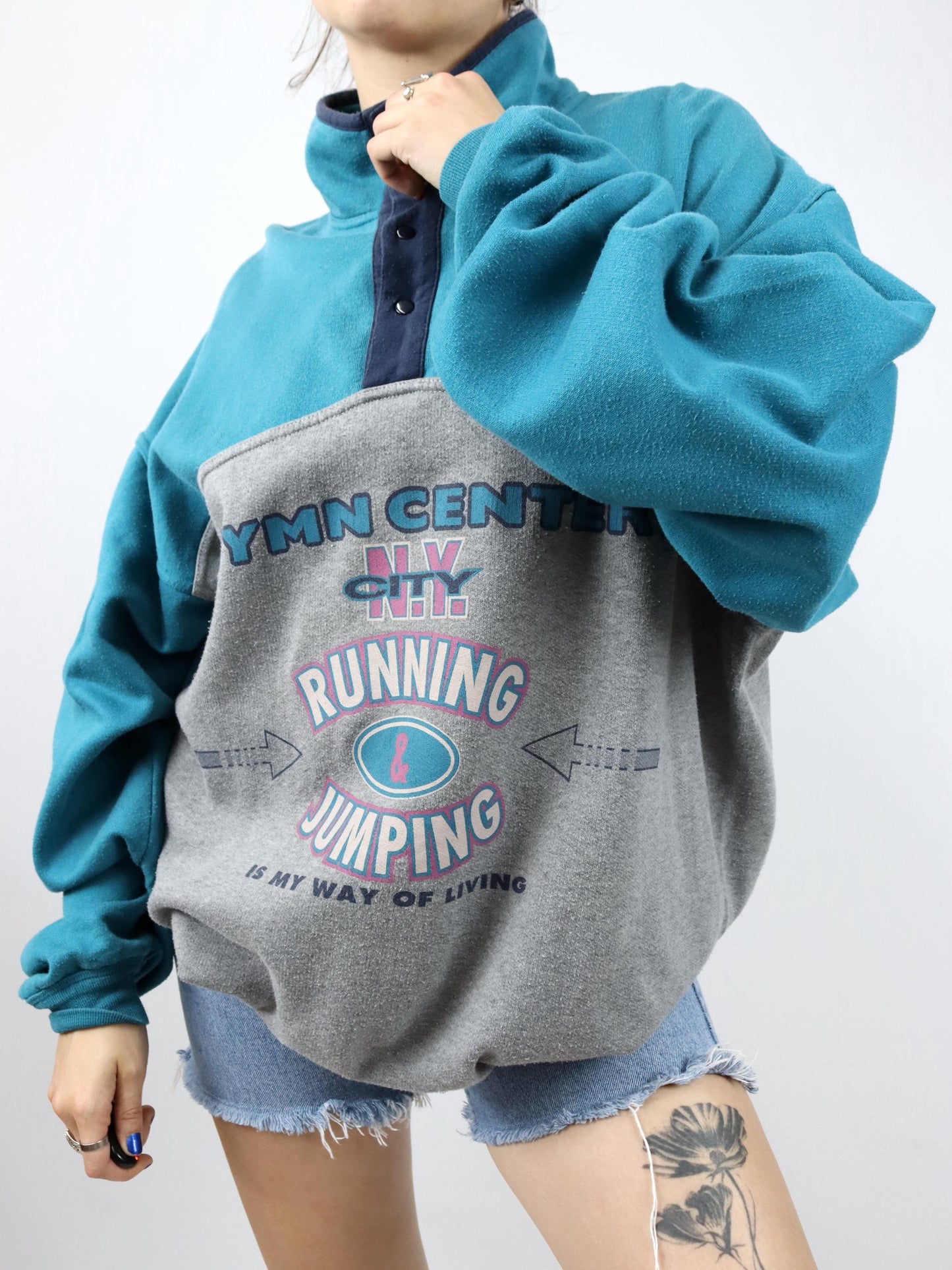 Vintage 80er 90er ROBY Sweatshirt Pullover Print Stehkragen blau grau XXL