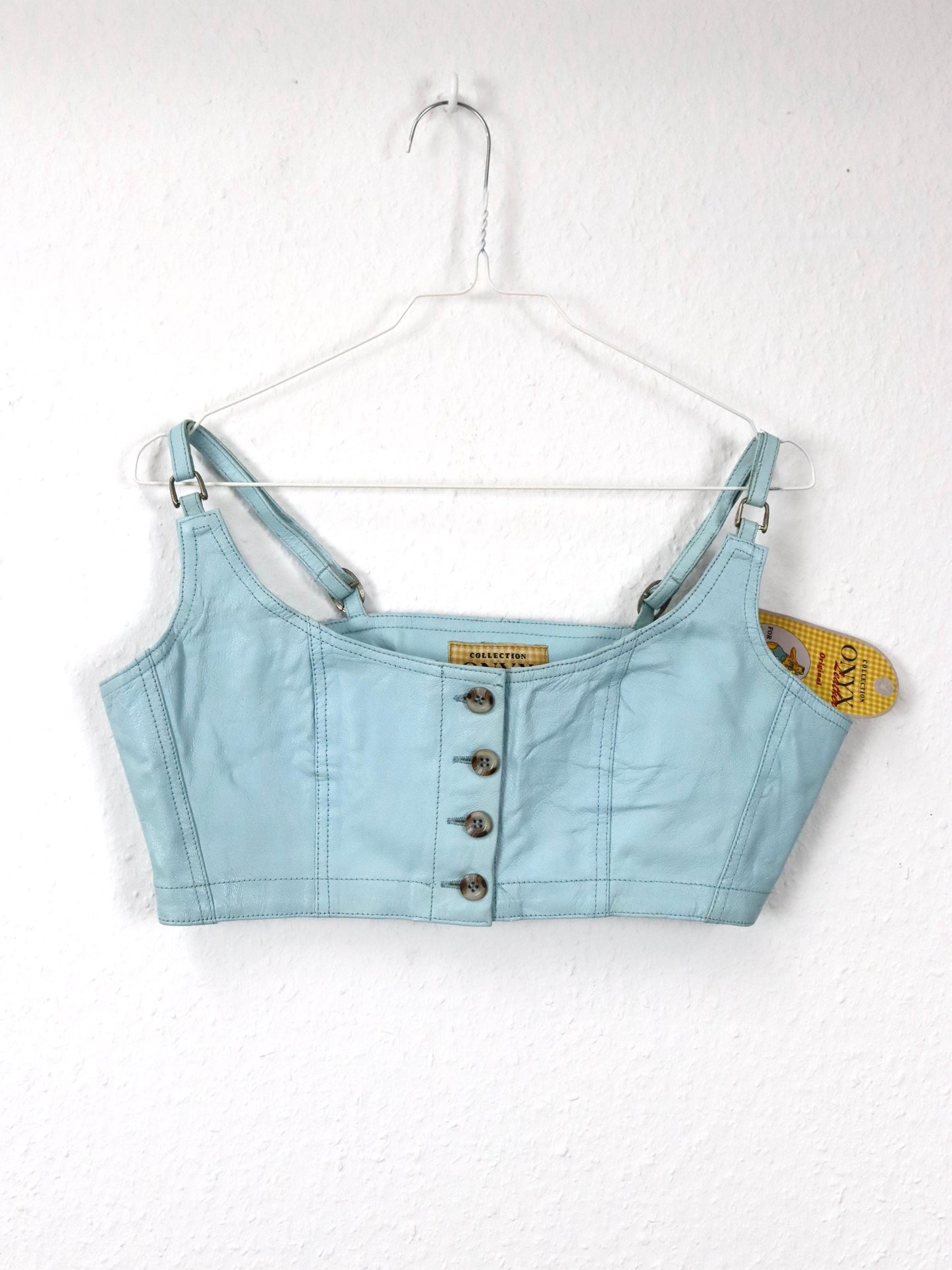 Vintage 80s 90s ONYX leather top bustier button row light blue deadstock 40