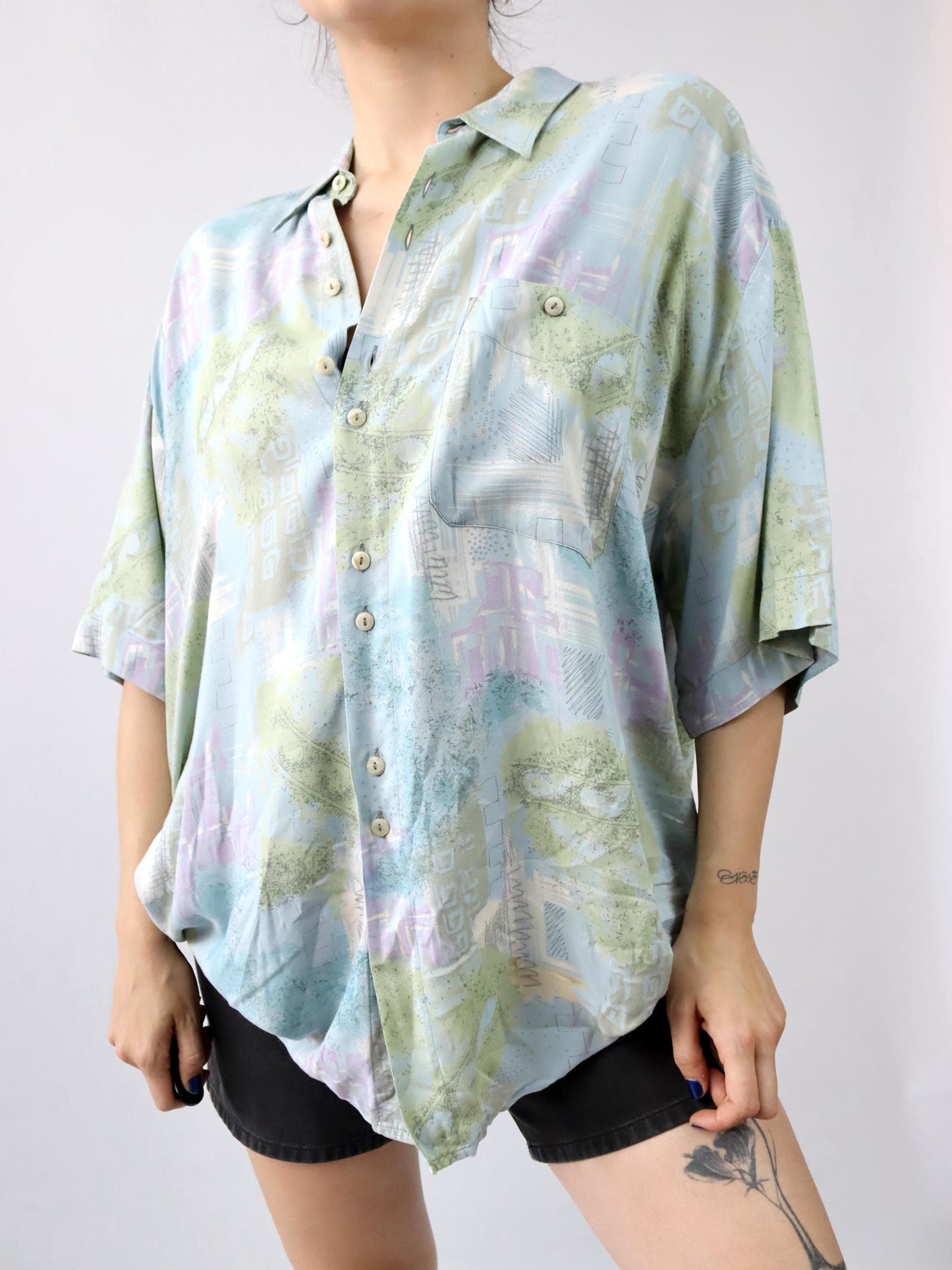 Vintage 80s 90s JUPITER shirt short sleeve crazy pattern blue XXL