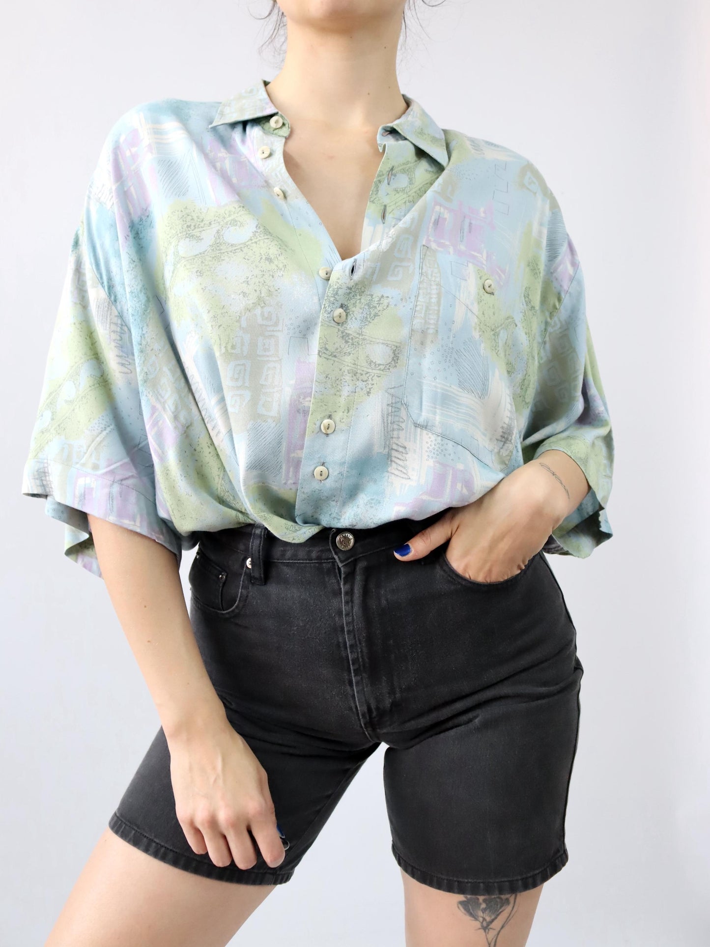 Vintage 80s 90s JUPITER shirt short sleeve crazy pattern blue XXL